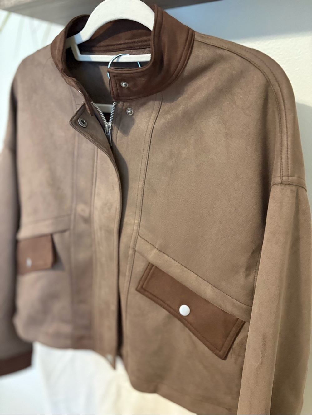 Women's Brown Bomber Jacket with Contrast Pockets - Picture 2 of 5